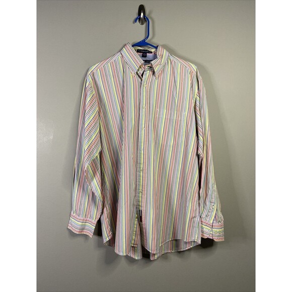 TOMMY HILFIGER LONG SLEEVE SHIRT  PINSTRIPE  MENS SIZE L 2 Button Collar Band - Picture 1 of 10